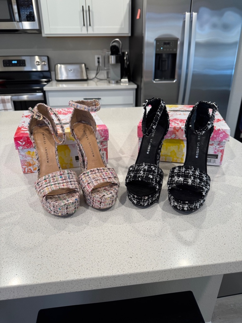 Chinese Laundry Tweed Platform Sandals in Pink Multi and Black both for $50